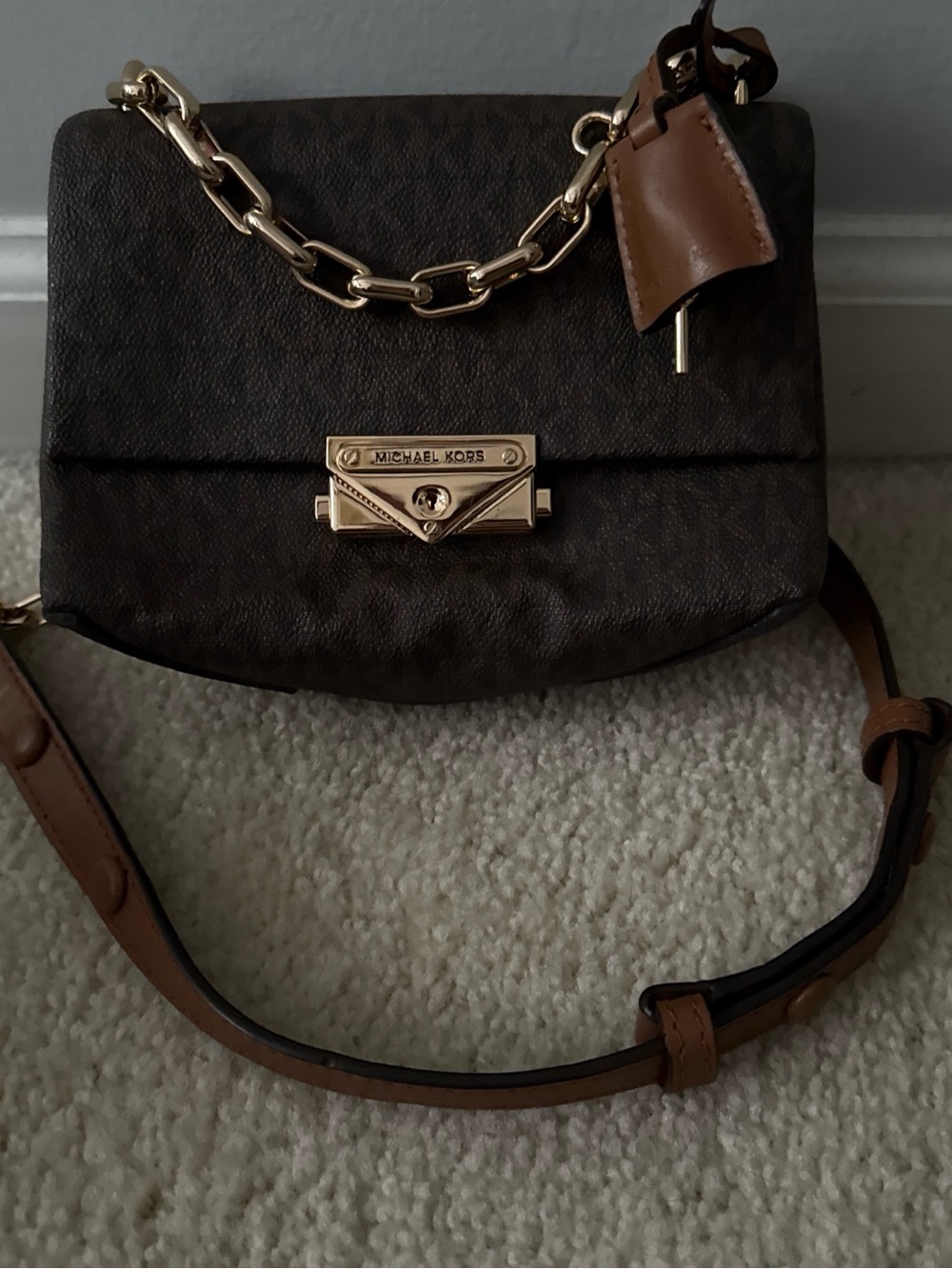 Michael Kors Dark Brown Monogram Crossbody with Gold Hardware
